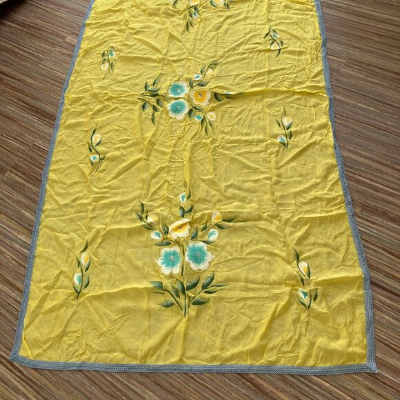 Yellow Silk Hand Painted Dupatta Large Shawl Wrap Flower Design Blue Trim 47x84" - Picture 4 of 7